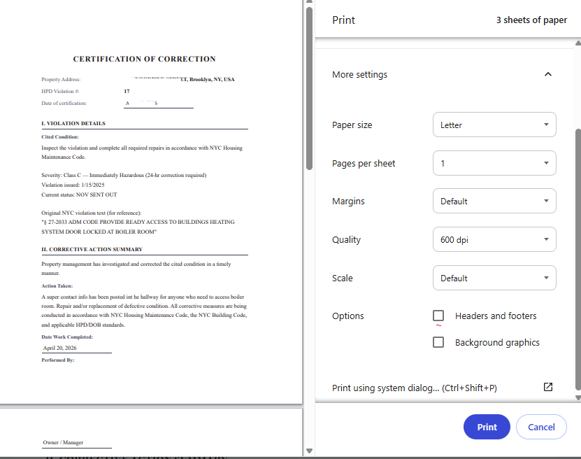 Browser print dialog showing 3 sheets of paper and the recommendation to uncheck Headers and footers